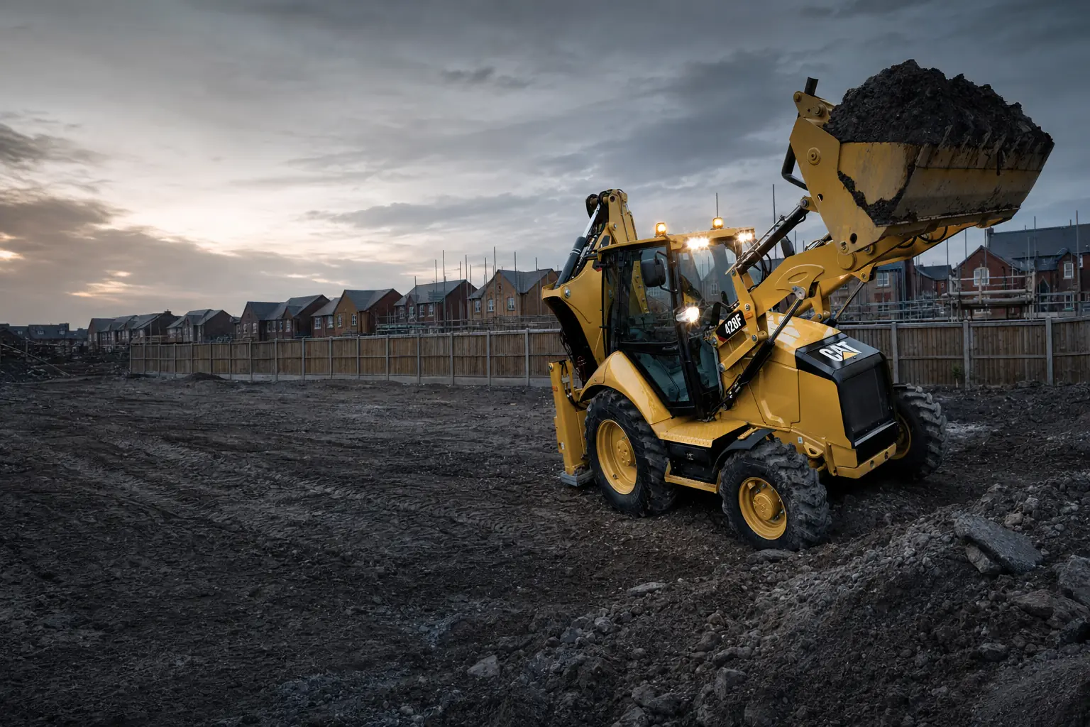 Caterpillar 428F backhoe loader at a construction site